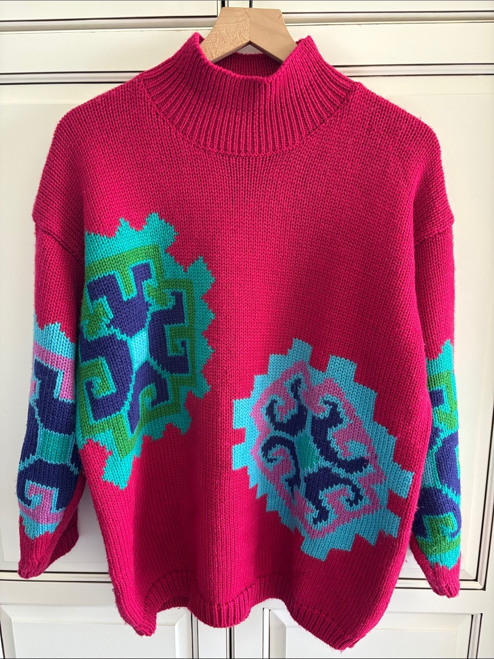 ESPRIT Vintage 80’s Colorblock Chunky Knit Wool Sweater Geometric Pink Womens M